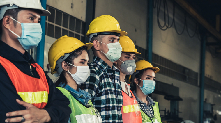 Workers with hard hat and face masks